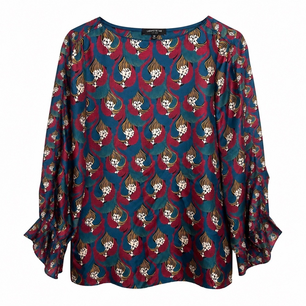 Lafayette 148 New York Silk Blouse XS Multicolor Abstract Print Long Sleeve